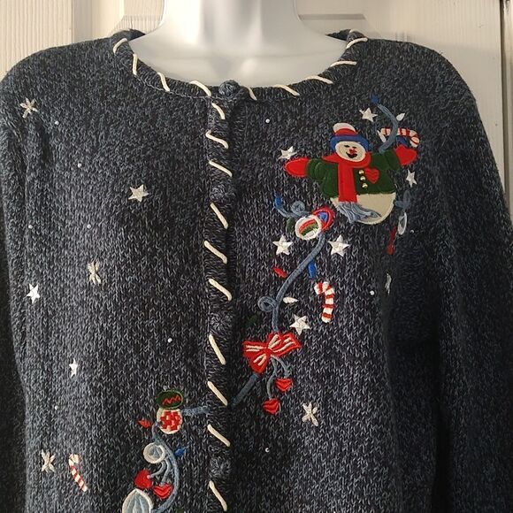Cappagallo blue button down winter snowman holiday cardigan Sz M NWT - Picture 3 of 8